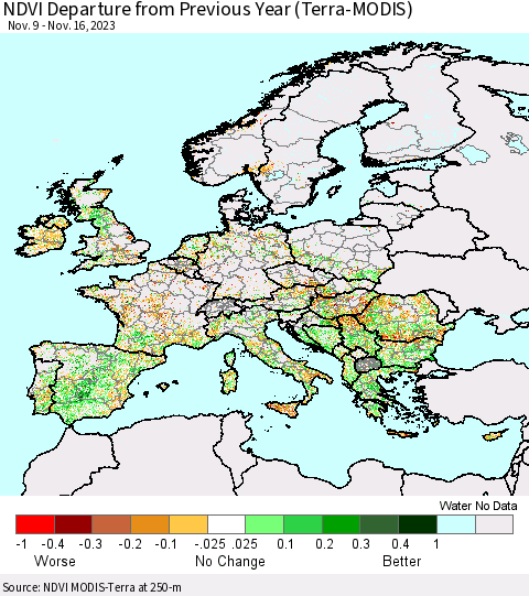Europe NDVI Departure from Previous Year (Terra-MODIS) Thematic Map For 11/9/2023 - 11/16/2023