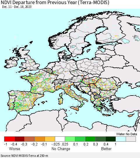 Europe NDVI Departure from Previous Year (Terra-MODIS) Thematic Map For 12/11/2023 - 12/18/2023