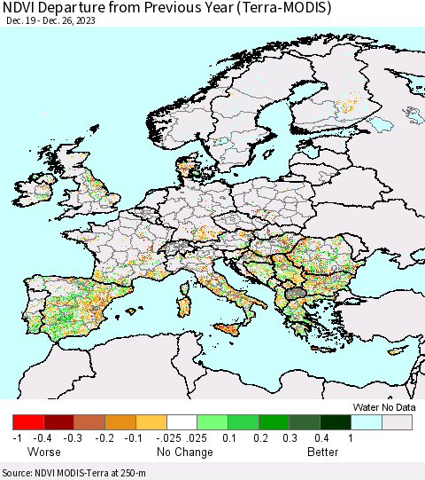Europe NDVI Departure from Previous Year (Terra-MODIS) Thematic Map For 12/19/2023 - 12/26/2023