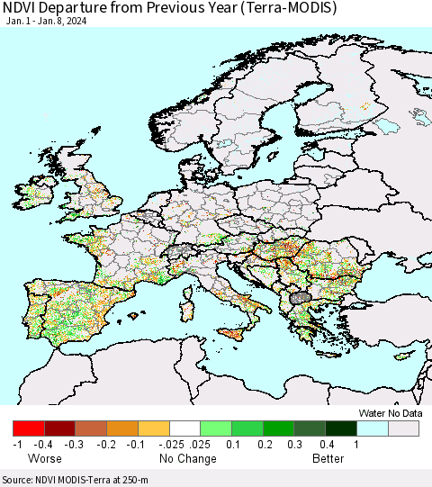 Europe NDVI Departure from Previous Year (Terra-MODIS) Thematic Map For 1/1/2024 - 1/8/2024