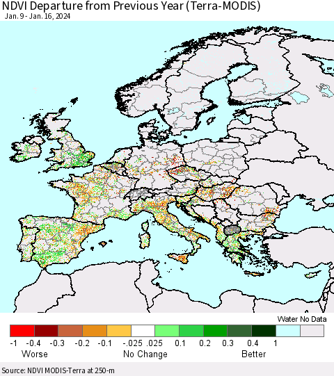 Europe NDVI Departure from Previous Year (Terra-MODIS) Thematic Map For 1/9/2024 - 1/16/2024