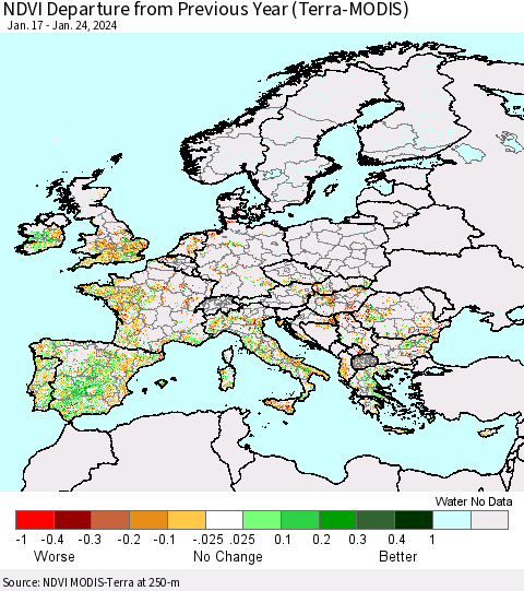 Europe NDVI Departure from Previous Year (Terra-MODIS) Thematic Map For 1/17/2024 - 1/24/2024