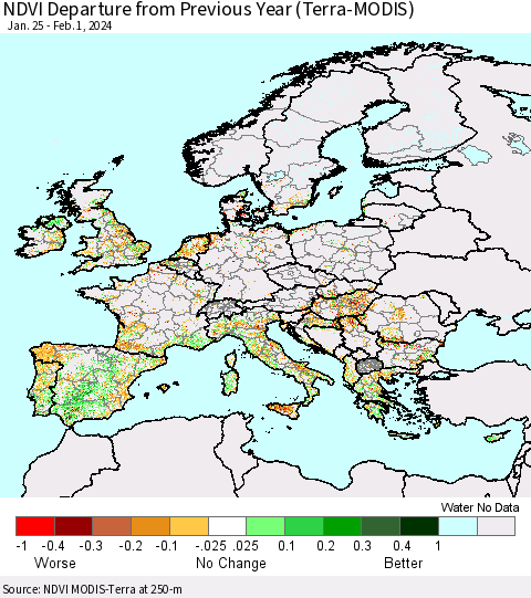 Europe NDVI Departure from Previous Year (Terra-MODIS) Thematic Map For 1/25/2024 - 2/1/2024