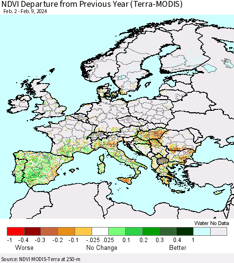 Europe NDVI Departure from Previous Year (Terra-MODIS) Thematic Map For 2/2/2024 - 2/9/2024