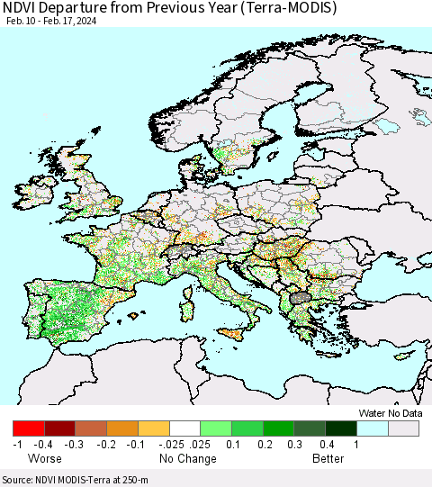 Europe NDVI Departure from Previous Year (Terra-MODIS) Thematic Map For 2/10/2024 - 2/17/2024