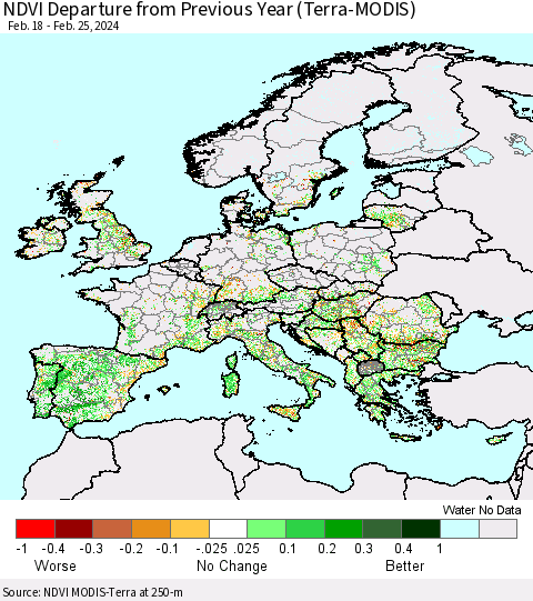 Europe NDVI Departure from Previous Year (Terra-MODIS) Thematic Map For 2/18/2024 - 2/25/2024