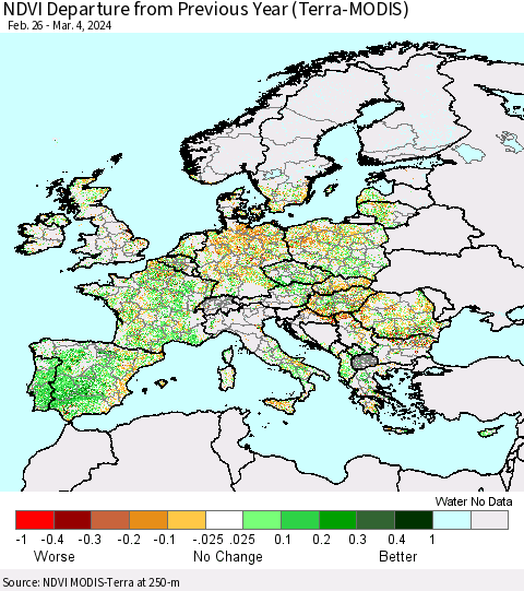 Europe NDVI Departure from Previous Year (Terra-MODIS) Thematic Map For 2/26/2024 - 3/4/2024