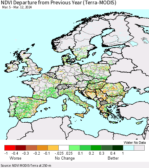 Europe NDVI Departure from Previous Year (Terra-MODIS) Thematic Map For 3/5/2024 - 3/12/2024