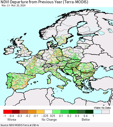 Europe NDVI Departure from Previous Year (Terra-MODIS) Thematic Map For 3/13/2024 - 3/20/2024