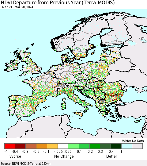 Europe NDVI Departure from Previous Year (Terra-MODIS) Thematic Map For 3/21/2024 - 3/28/2024