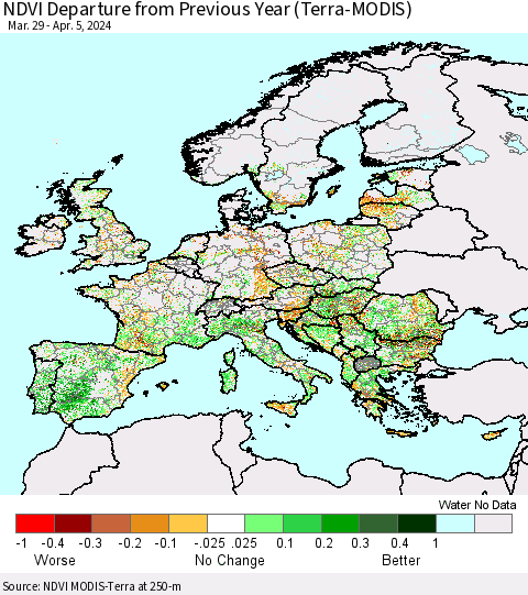 Europe NDVI Departure from Previous Year (Terra-MODIS) Thematic Map For 3/29/2024 - 4/5/2024