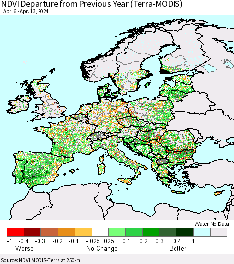 Europe NDVI Departure from Previous Year (Terra-MODIS) Thematic Map For 4/6/2024 - 4/13/2024