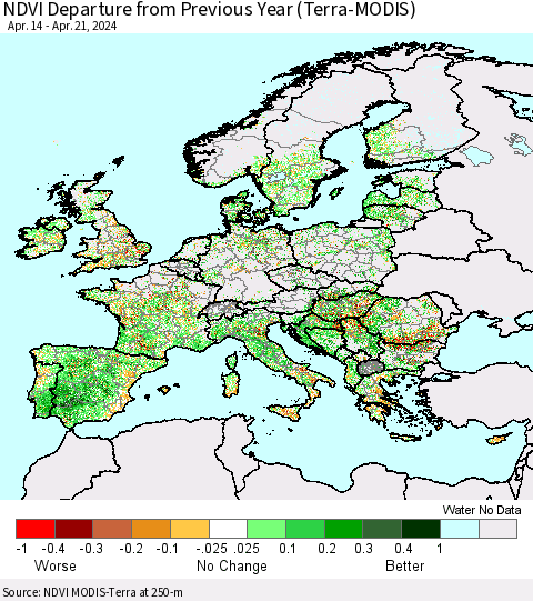 Europe NDVI Departure from Previous Year (Terra-MODIS) Thematic Map For 4/14/2024 - 4/21/2024