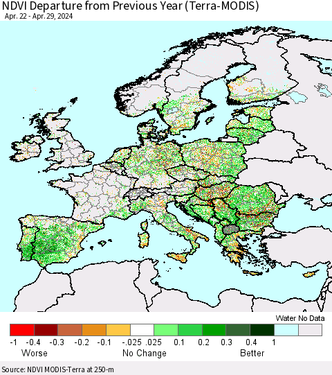 Europe NDVI Departure from Previous Year (Terra-MODIS) Thematic Map For 4/22/2024 - 4/29/2024