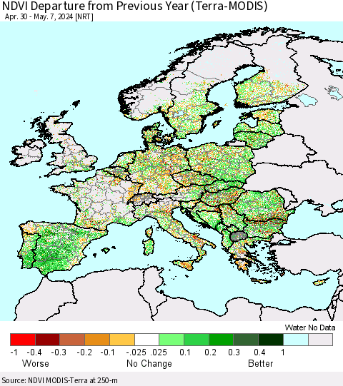 Europe NDVI Departure from Previous Year (Terra-MODIS) Thematic Map For 4/30/2024 - 5/7/2024