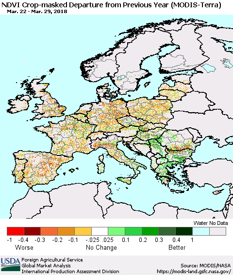 Europe NDVI Crop-masked Departure from Previous Year (MODIS-Terra) Thematic Map For 3/21/2018 - 3/31/2018