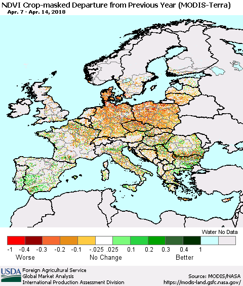 Europe NDVI Crop-masked Departure from Previous Year (MODIS-Terra) Thematic Map For 4/11/2018 - 4/20/2018