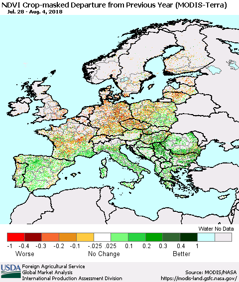 Europe NDVI Crop-masked Departure from Previous Year (MODIS-Terra) Thematic Map For 8/1/2018 - 8/10/2018