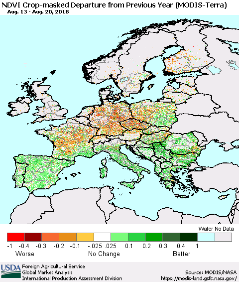 Europe NDVI Crop-masked Departure from Previous Year (MODIS-Terra) Thematic Map For 8/11/2018 - 8/20/2018
