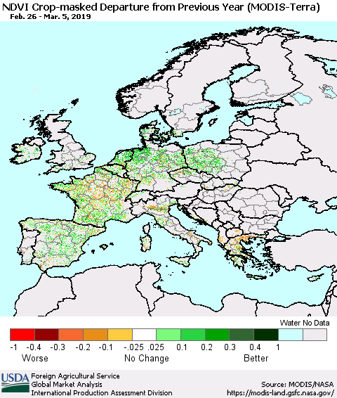 Europe Cropland NDVI Departure from Previous Year (Terra-MODIS) Thematic Map For 3/1/2019 - 3/10/2019