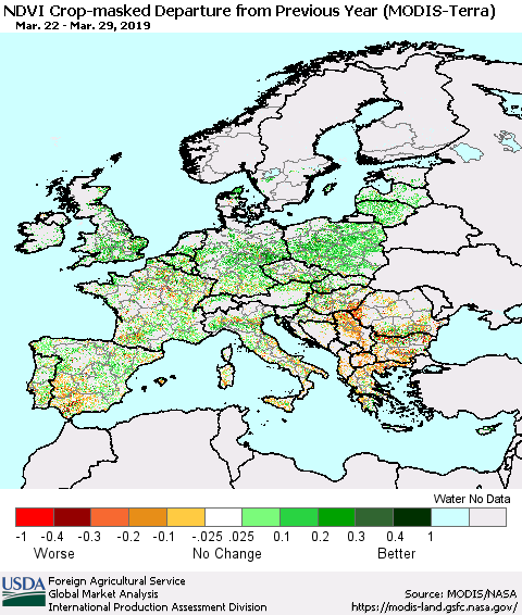 Europe Cropland NDVI Departure from Previous Year (Terra-MODIS) Thematic Map For 3/21/2019 - 3/31/2019