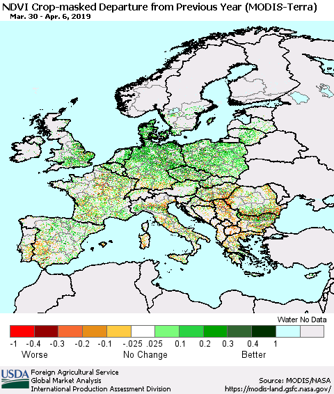 Europe Cropland NDVI Departure from Previous Year (Terra-MODIS) Thematic Map For 4/1/2019 - 4/10/2019