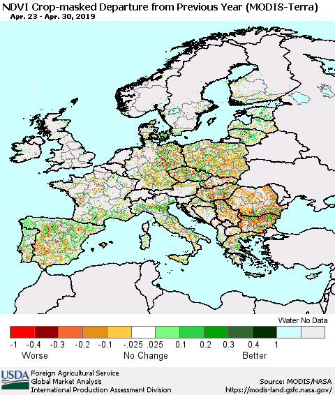 Europe Cropland NDVI Departure from Previous Year (Terra-MODIS) Thematic Map For 4/21/2019 - 4/30/2019