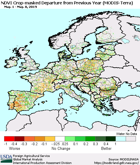 Europe Cropland NDVI Departure from Previous Year (Terra-MODIS) Thematic Map For 5/1/2019 - 5/10/2019
