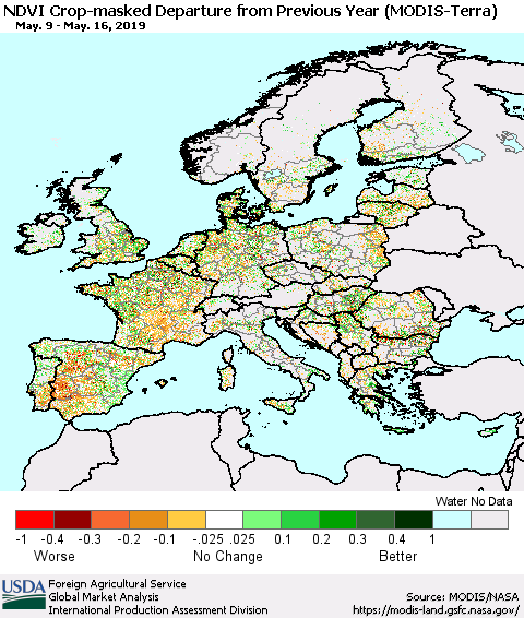 Europe Cropland NDVI Departure from Previous Year (Terra-MODIS) Thematic Map For 5/11/2019 - 5/20/2019