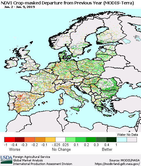 Europe Cropland NDVI Departure from Previous Year (Terra-MODIS) Thematic Map For 6/1/2019 - 6/10/2019