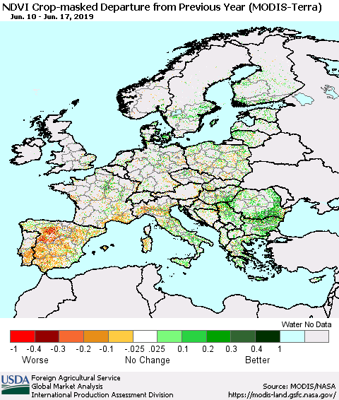 Europe Cropland NDVI Departure from Previous Year (Terra-MODIS) Thematic Map For 6/11/2019 - 6/20/2019