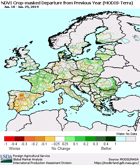 Europe Cropland NDVI Departure from Previous Year (Terra-MODIS) Thematic Map For 6/21/2019 - 6/30/2019