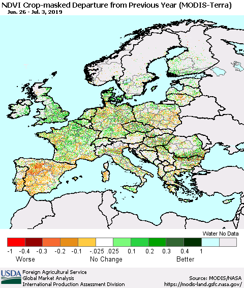 Europe Cropland NDVI Departure from Previous Year (Terra-MODIS) Thematic Map For 7/1/2019 - 7/10/2019