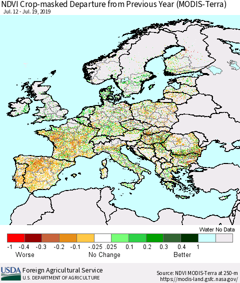 Europe Cropland NDVI Departure from Previous Year (Terra-MODIS) Thematic Map For 7/11/2019 - 7/20/2019