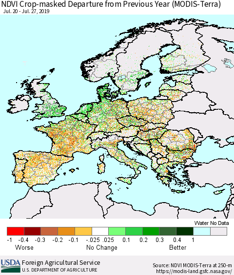 Europe Cropland NDVI Departure from Previous Year (Terra-MODIS) Thematic Map For 7/21/2019 - 7/31/2019