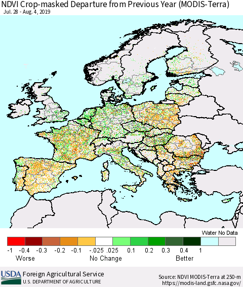Europe Cropland NDVI Departure from Previous Year (Terra-MODIS) Thematic Map For 8/1/2019 - 8/10/2019