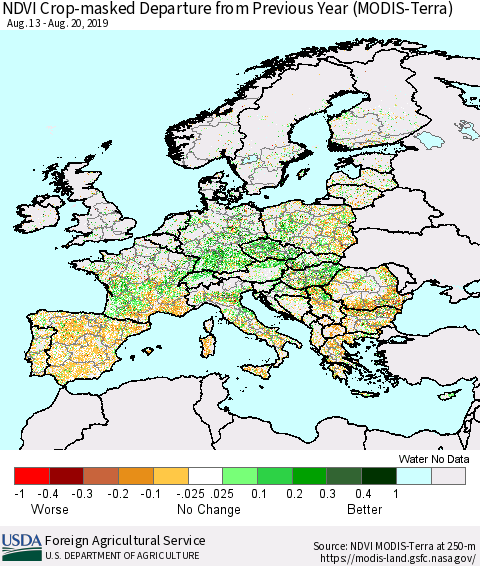 Europe Cropland NDVI Departure from Previous Year (Terra-MODIS) Thematic Map For 8/11/2019 - 8/20/2019
