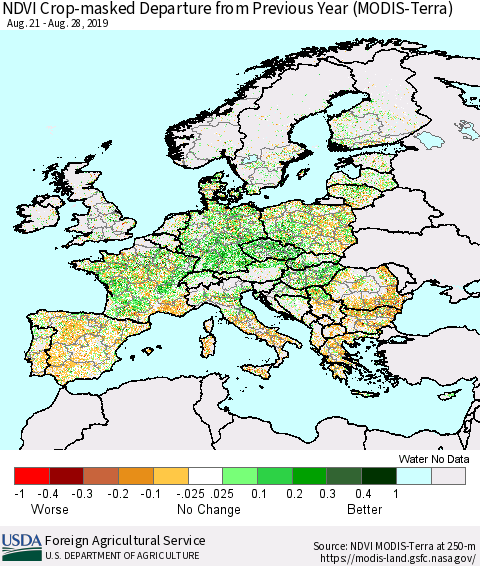 Europe Cropland NDVI Departure from Previous Year (Terra-MODIS) Thematic Map For 8/21/2019 - 8/31/2019
