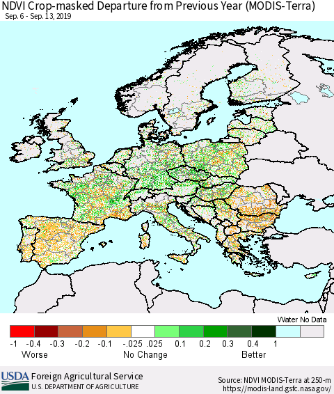 Europe Cropland NDVI Departure from Previous Year (Terra-MODIS) Thematic Map For 9/11/2019 - 9/20/2019