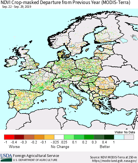 Europe Cropland NDVI Departure from Previous Year (Terra-MODIS) Thematic Map For 9/21/2019 - 9/30/2019