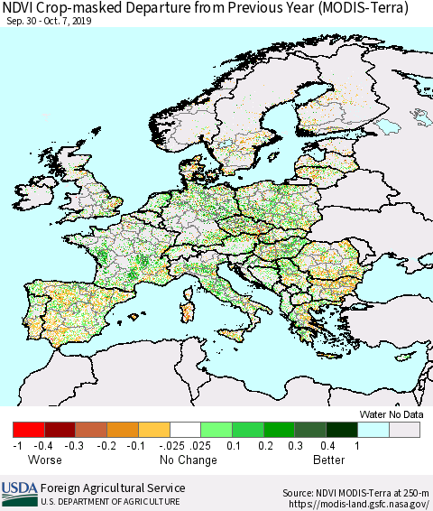 Europe Cropland NDVI Departure from Previous Year (Terra-MODIS) Thematic Map For 10/1/2019 - 10/10/2019