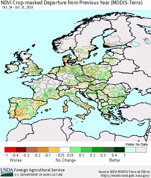 Europe Cropland NDVI Departure from Previous Year (Terra-MODIS) Thematic Map For 10/21/2019 - 10/31/2019