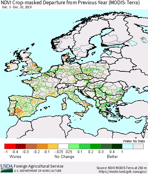 Europe Cropland NDVI Departure from Previous Year (Terra-MODIS) Thematic Map For 12/1/2019 - 12/10/2019
