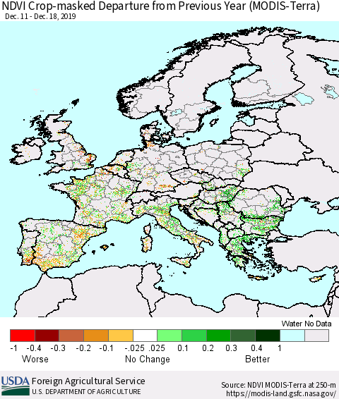 Europe Cropland NDVI Departure from Previous Year (Terra-MODIS) Thematic Map For 12/11/2019 - 12/20/2019