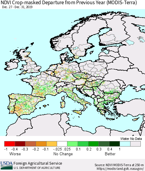 Europe Cropland NDVI Departure from Previous Year (Terra-MODIS) Thematic Map For 12/21/2019 - 12/31/2019