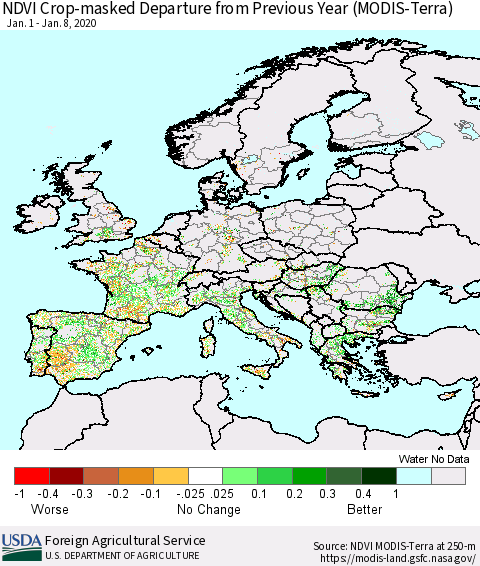 Europe Cropland NDVI Departure from Previous Year (Terra-MODIS) Thematic Map For 1/1/2020 - 1/10/2020