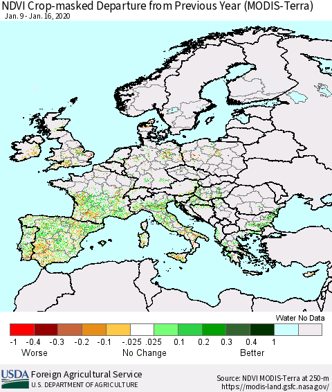Europe Cropland NDVI Departure from Previous Year (Terra-MODIS) Thematic Map For 1/11/2020 - 1/20/2020