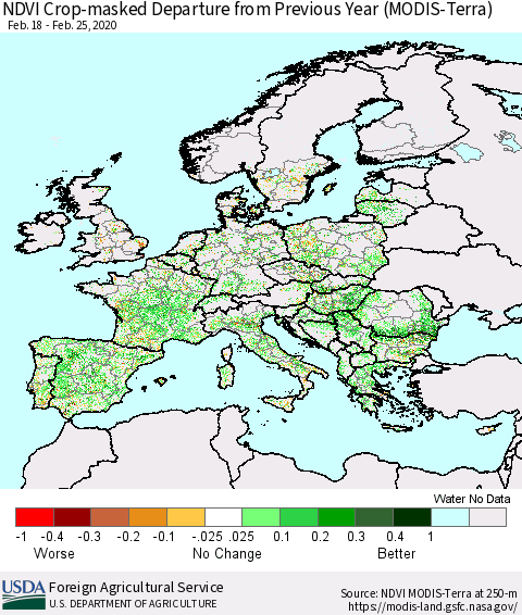 Europe Cropland NDVI Departure from Previous Year (Terra-MODIS) Thematic Map For 2/21/2020 - 2/29/2020