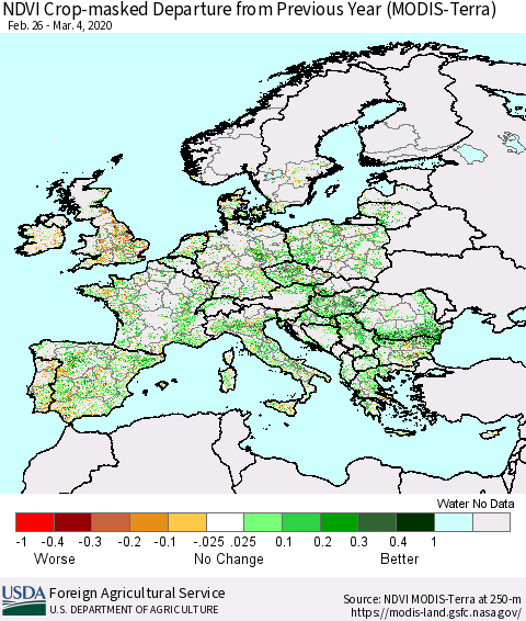 Europe Cropland NDVI Departure from Previous Year (Terra-MODIS) Thematic Map For 3/1/2020 - 3/10/2020