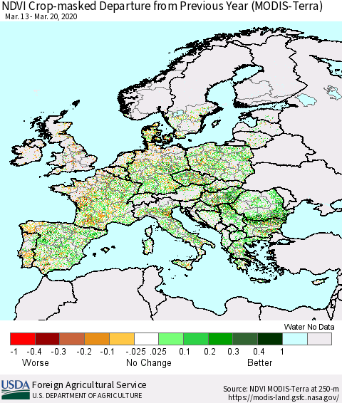 Europe Cropland NDVI Departure from Previous Year (Terra-MODIS) Thematic Map For 3/11/2020 - 3/20/2020